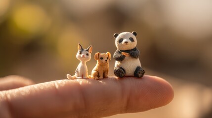Tiny Companions in a Surreal Touch: A Miniature Panda, Kitten, and Puppy find an Unusual Perch on a finger. Capturing the Essence of imagination