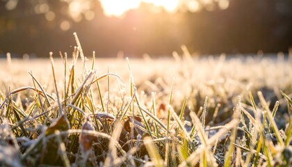 Frosty grass field bathed in sunlight