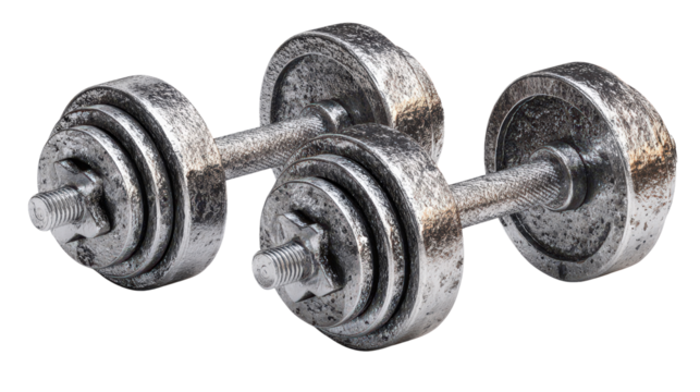 Classic iron dumbbells with scratched surface, high detail isolated on a Transparent background, PNG file.