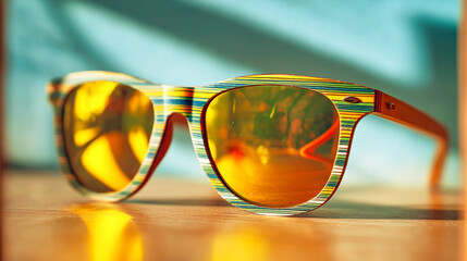 A pair of sunglasses with striped green lenses sits on the table, creating an abstract background