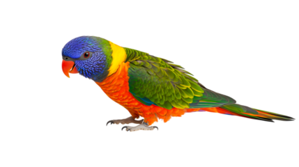 Rainbow lorikeet bird looking down isolated on white background for wildlife and tropical nature concept
