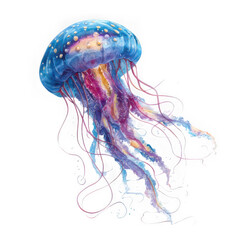 Colorful jellyfish with long tentacles isolated on transparent background