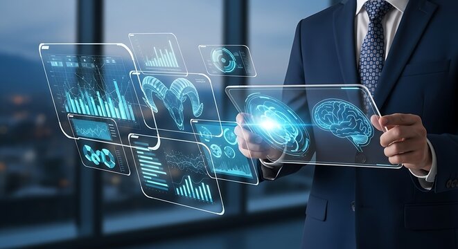 A man in a suit holding transparent screens displaying data charts and a brain diagram in a modern setting