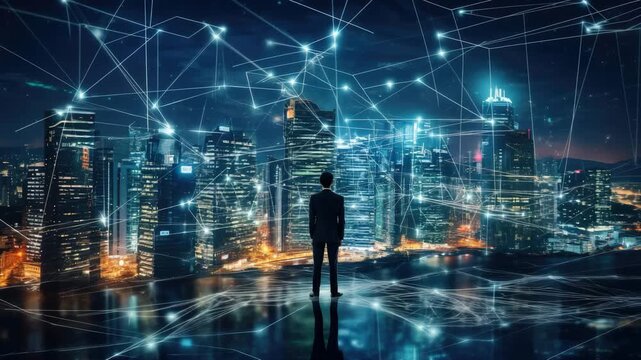 A man in a suit stands before a city skyline with digital network connections overlaying the scene - Powered by Adobe