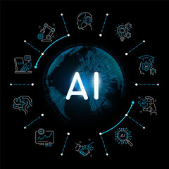 Artificial intelligence concept with glowing earth and AI icons representing technology, automation, machine learning, and innovation, vector illustration