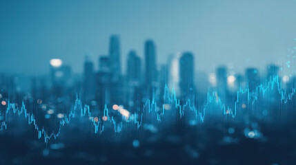 Blue city skyline with transparent stock market graph overlay