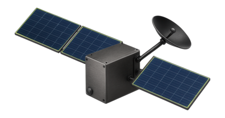 Communications satellite with a boxy design and a retractable antenna boom