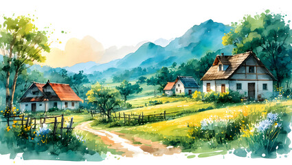 Fototapeta premium Peaceful Village Landscape with Rolling Hills and Rustic Houses