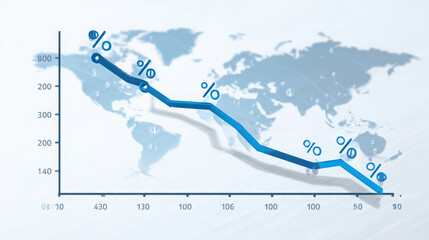 Falling blue line graph with percentage symbols world map