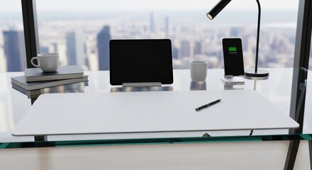 Modern office desk with blank desk mat and city view