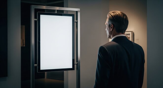 man in suit looking at blank illuminated display in gallery