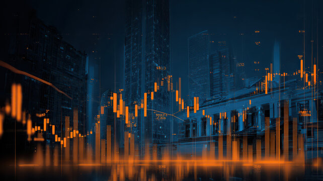 Stock market data analytics with glowing orange chart in cityscape