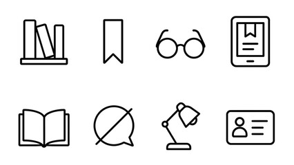 Linear icon set of study tools and reading accessories