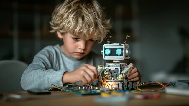 Child building a tiny AI robot in their colorful bedroom - Powered by Adobe