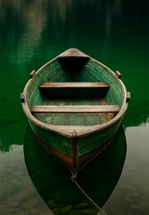 Old wooden boat floating calmly on a lake surrounded by nature