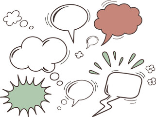 Collection of hand drawn speech bubbles and thought bubbles in various shapes and colors