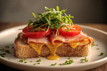 Close-up of a mouth-watering toast with runny egg yolk, layered with ham, ripe tomatoes, and fresh greens. Rich textures and appetizing colors, perfect for culinary content and recipe visuals.