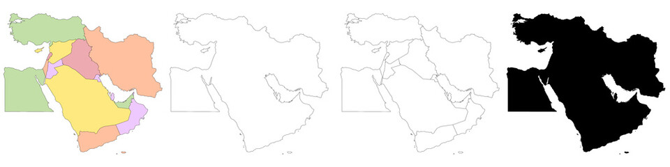 Middle East administrative map, Middle East outline and countries region map set – illustration version
