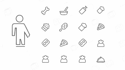 Outline drawing of a person beside food icons including bone soup bottle cupcake icecream and pizza slice silhouette