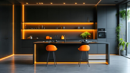 Modern Dark Kitchen with Orange Accents and Illuminated Cabinets