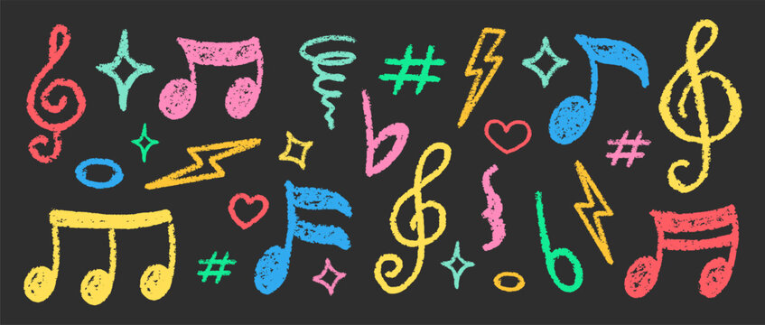 Chalk Blackboard Musical Notes Vector Set Crayon Scribble Music Symbol Shapes Collection Pastel Colors Hand Drawn Brush Texture Treble Clefs Pencil Emphasis Elements Charcoal Doodle Audio Icons Bundle