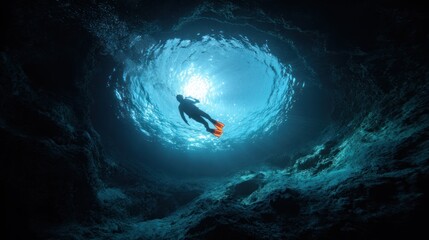Into the Deep: A diver ascends towards the surface, the radiant sunlight creating a mesmerizing underwater scene, showcasing exploration and the mysteries of the deep blue.
