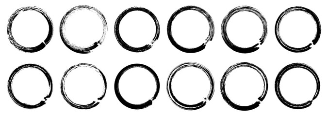 Grunge round and circle stamp frame set with rough ink borders, hand drawn rubber stamp style, empty shapes for graphic design template or poster layout