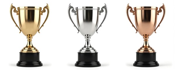 Set of three metal trophy cups for winners in gold, silver, and bronze. These classic prizes feature ornate handles and black bases, isolated on clean white background with clipping path for easy use.
