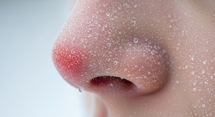 Human nose with sweat droplets and red tip, visually representing the concept of physiological stress response to heat or cold.