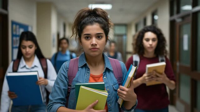 Worried Hispanic teenage girl student walking in a busy school hallway. Anxious young woman feeling stressed and overwhelmed at high school or college.