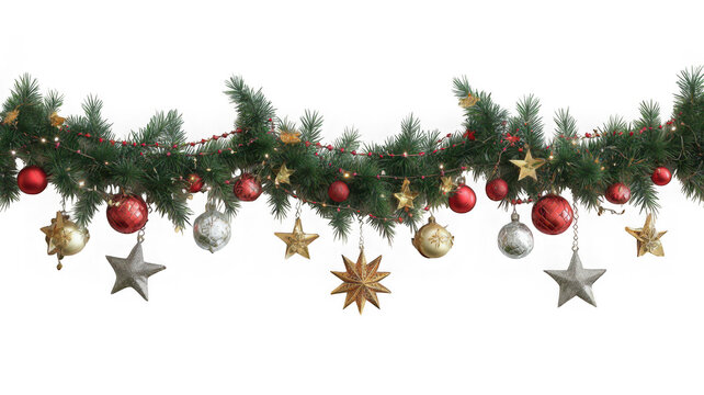 Christmas garland with ornaments isolated on transparent background