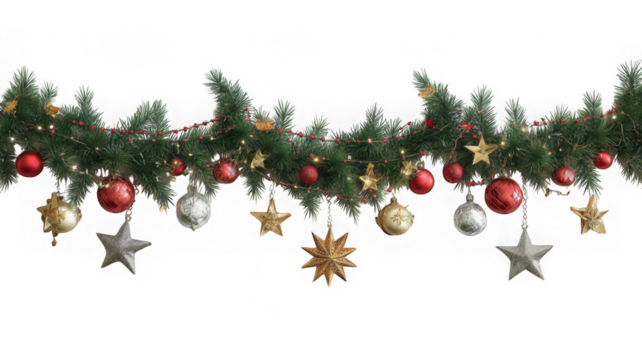 Christmas garland with ornaments isolated on transparent background