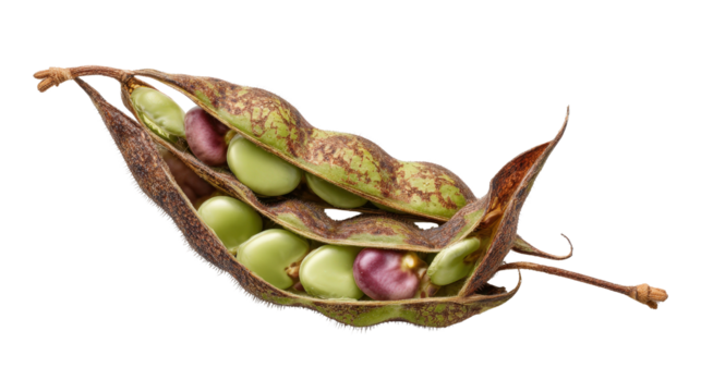 Close-up of bean pod partially opened with visible beans inside isolated on a Transparent background, PNG file.