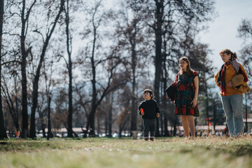 Fototapeta premium A serene moment of family interaction in a park under tall trees with natural light and open grassy spaces, showcasing togetherness and outdoor enjoyment among loved ones.