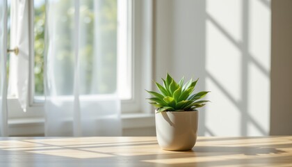 Fototapeta premium Bright Indoor Scene with Succulent Plant in White Pot on Wooden Table by Sunlit Window