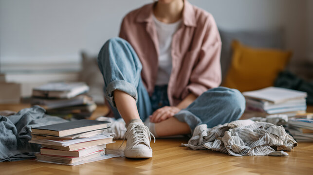 This person sits on the floor surrounded by books and clothes, feeling burnt out and lonely.
