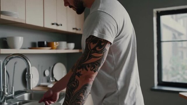 Tattooed man washing dishes in modern kitchen, daily life and gender role reversal in household chores