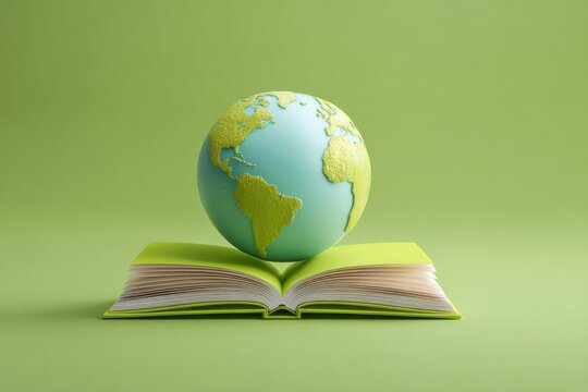 Earth globe atop an open book on a green surface