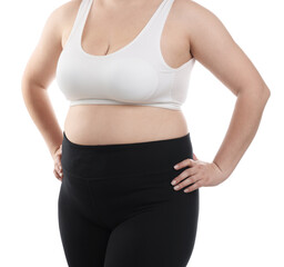 Weight loss. Plus size woman on white background, closeup