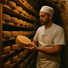A man inspects a wheel of cheese in a traditional aging cellar. Cheesemaker concept for food production and dairy farming.