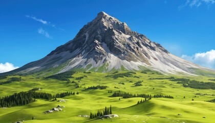 Fototapeta premium Majestic mountain peak overlooks verdant meadow under clear blue sky. Sunlit green rolling hills dotted with pine trees offer vast panorama. Serene landscape for outdoor adventure, travel, summer