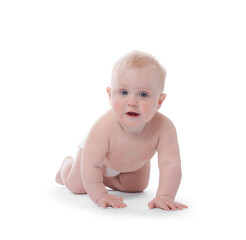 Cute little baby crawling on white background