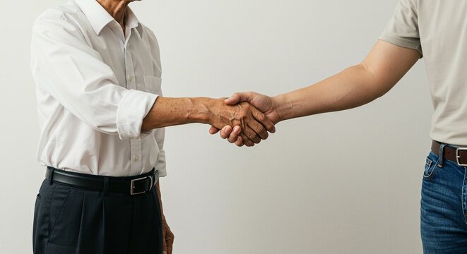 A formal agreement between two individuals. The older man is wearing a white shirt. The young man is wearing a casual outfit. - Powered by Adobe