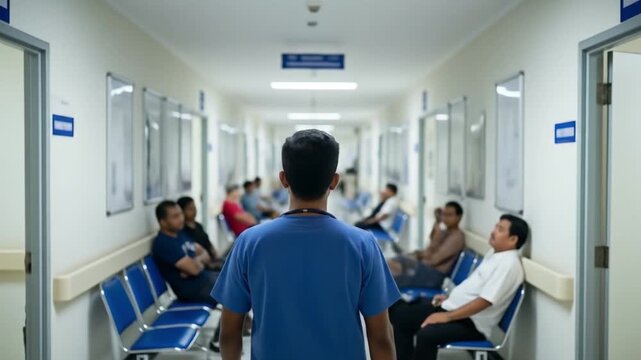 India doctor in hospital corridor, blue person indoors. Suitable for medical, healthcare, hospital themed designs, showcasing diverse medical professionals.