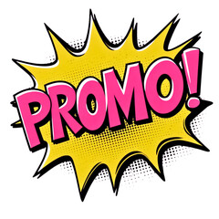 Bright yellow comic book style speech bubble with pink promo text and halftone dots
