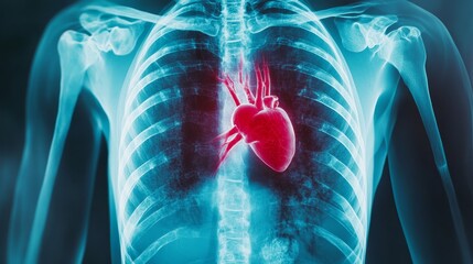 torso x-ray, heart and CPR lesson, crisp and vibrant photo, clearly focused, minimal background distractions, deep blue main color, bright red details, soft gray 