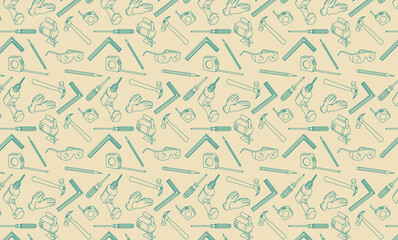 Seamless pattern of various light blue outline icons of essential construction and hardware tools. Use for themes of craftsmanship, hardware and workshop aesthetics.