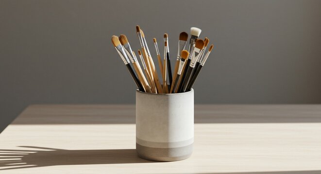 Assorted paintbrushes in a two-tone ceramic holder on a wooden surface under natural light - Powered by Adobe