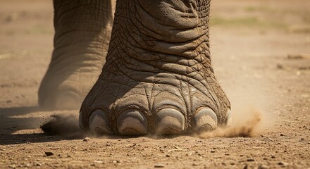 A close-up of a massive elephant foot, its texture showing wrinkled skin and strong nails, kicking up dust on the arid ground.