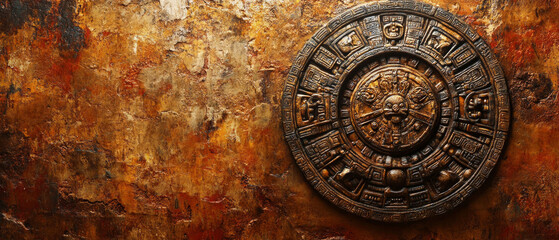 Ancient stone calendar with intricate patterns on a textured wall. Applicable in historical articles and educational materials.